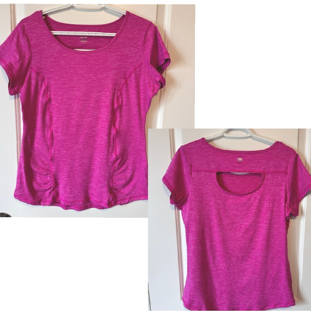 🔥 3/$20 GAIAM energy ruched top bright pink cut-out sz Lg